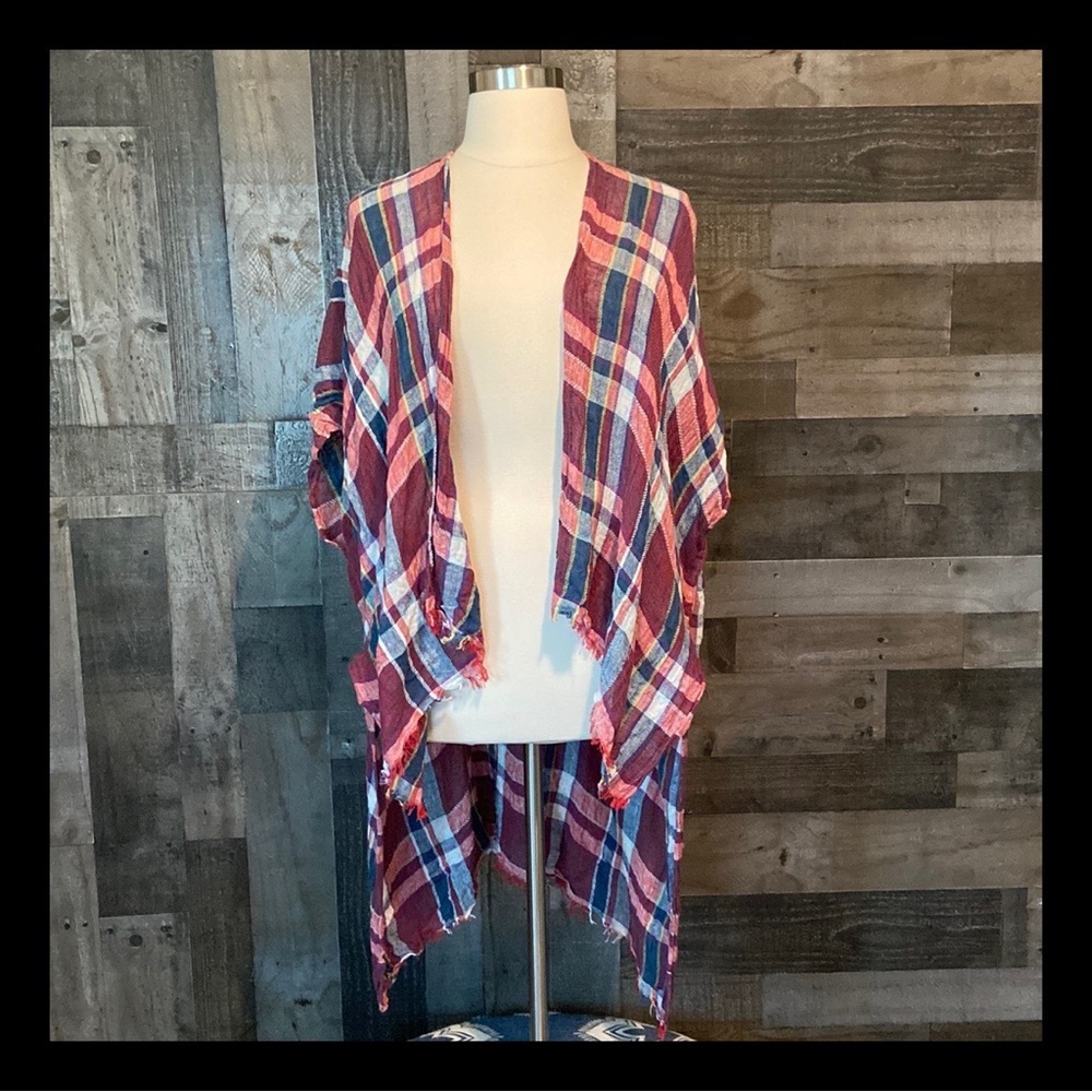 Free People red white and blue plaid linen wrap lightweight coastal boho chic